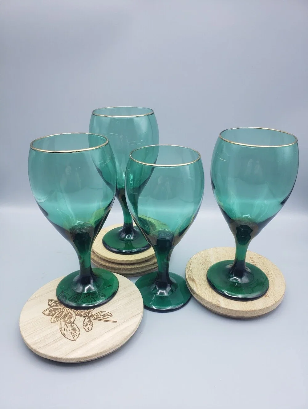 Gold Rimmed Teal Green Ombre Long Stem Wine Goblet - 4 - 8.5 oz